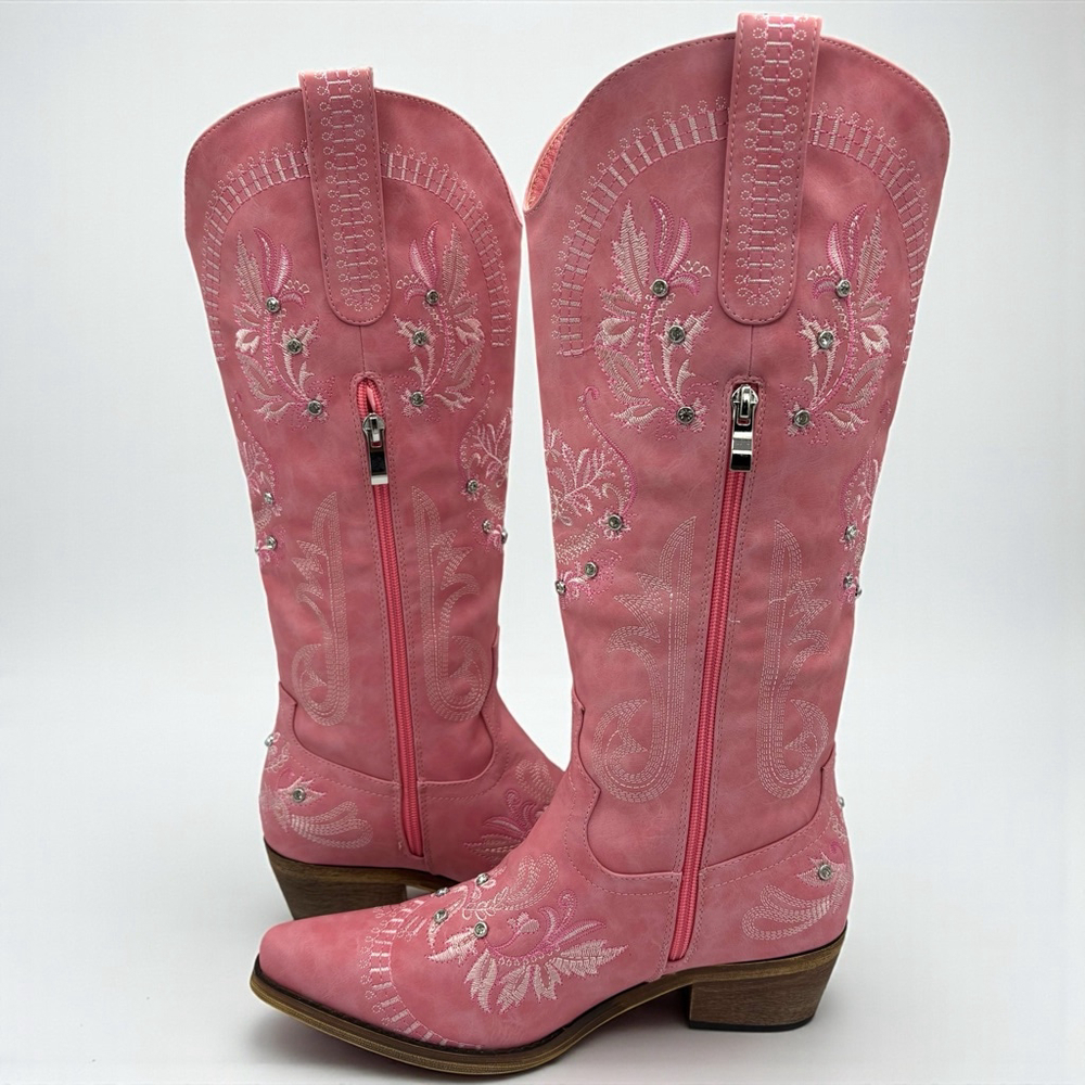 Wide Calf Pink Embroidered Rhinestone Cowboy Boots Knee High Snip Toe 8.5 NWB - Picture 5 of 16